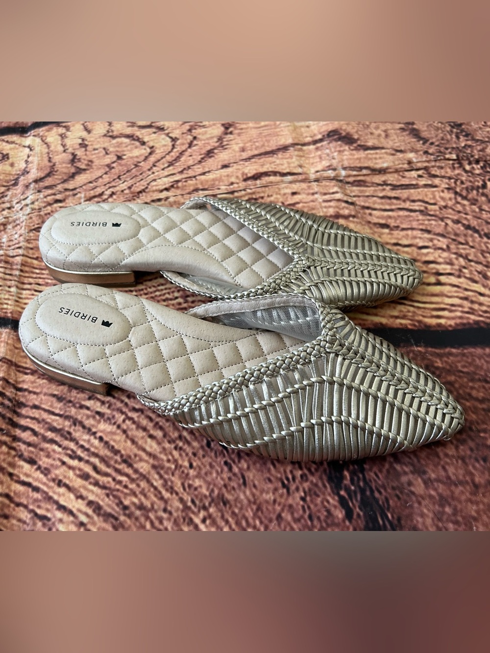 Birdies The Swan Gold Woven Leather Slides Mules Size 7 Luxury Flats